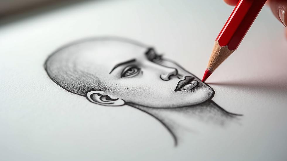 Close-up view of a red pencil marking areas for improvement on an oval head sketch