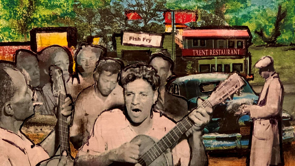 image of a collage with people, cars and building
