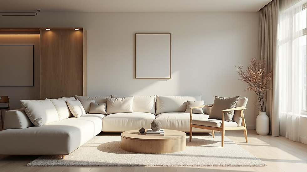 Eye-level view of a modern living room with neutral tones and minimalist furniture