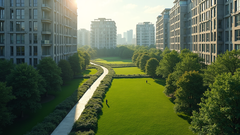 High angle view of a green urban park surrounded by sustainable buildings