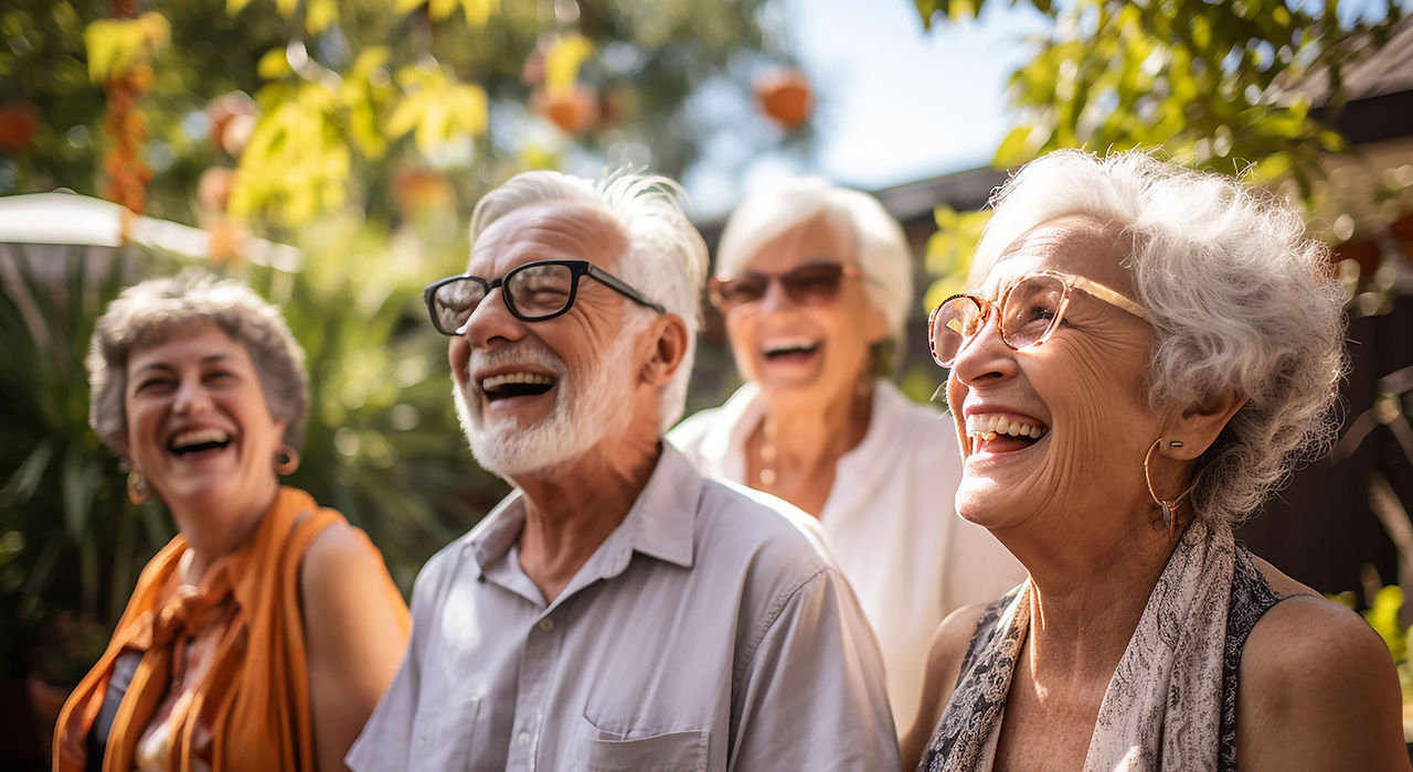 Group of seniors having fun in the garden.