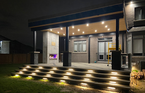 custom home deck at night