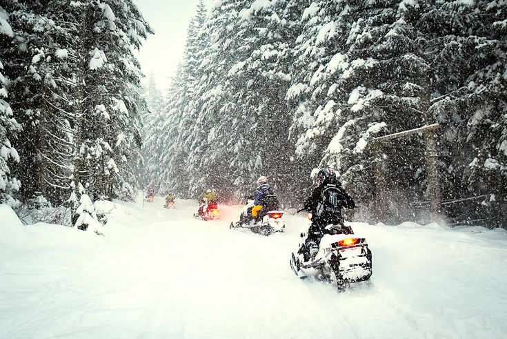 Snow mobile in blizzard through the woods and forest