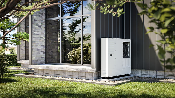 Heat pump installed at the wall of a single-family house 3d render