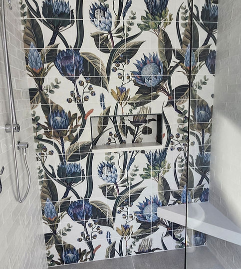 shower interior with new ceramic tiling