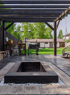 custom wooden deck with firepit