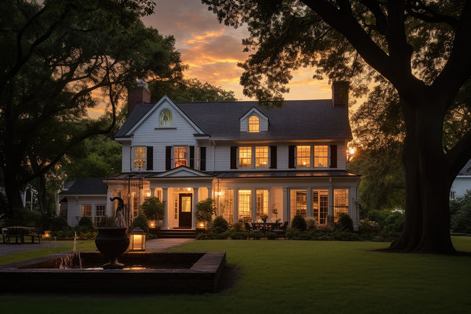 Gorgeous sunset illuminates a stunning house designed in a charming colonial architectural