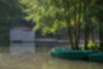 Boat house on a quiet lake with green boats