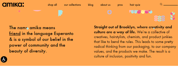 A screenshot of Amika's website content