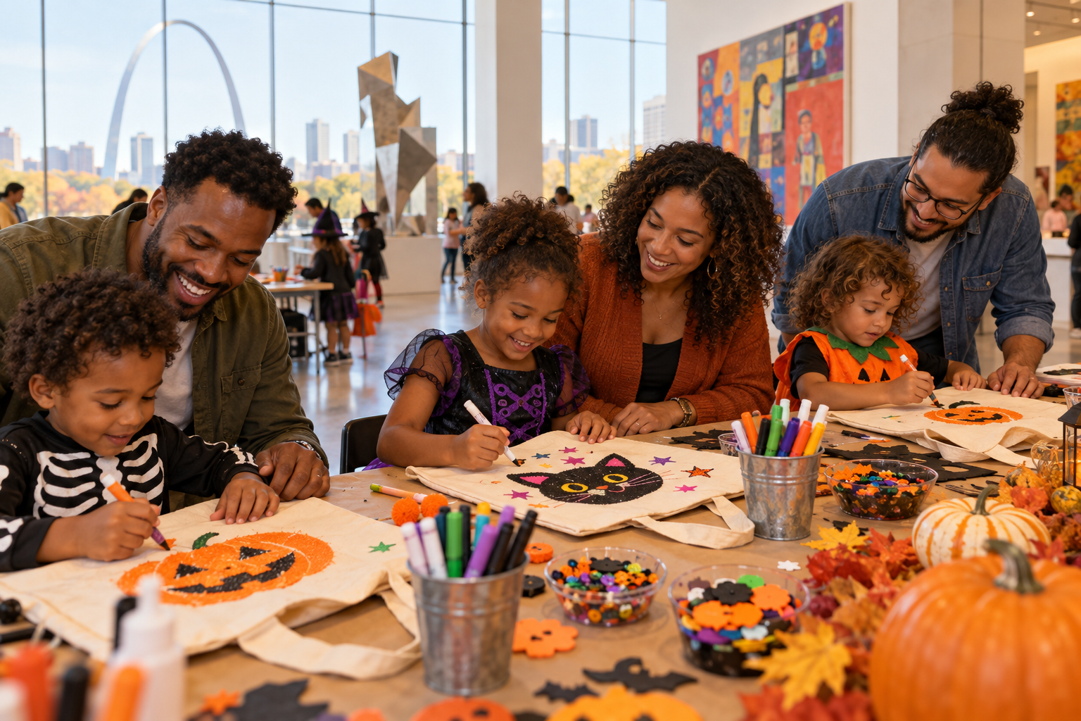 Illustrative image of families decorating Halloween treat bags at an art museum.
