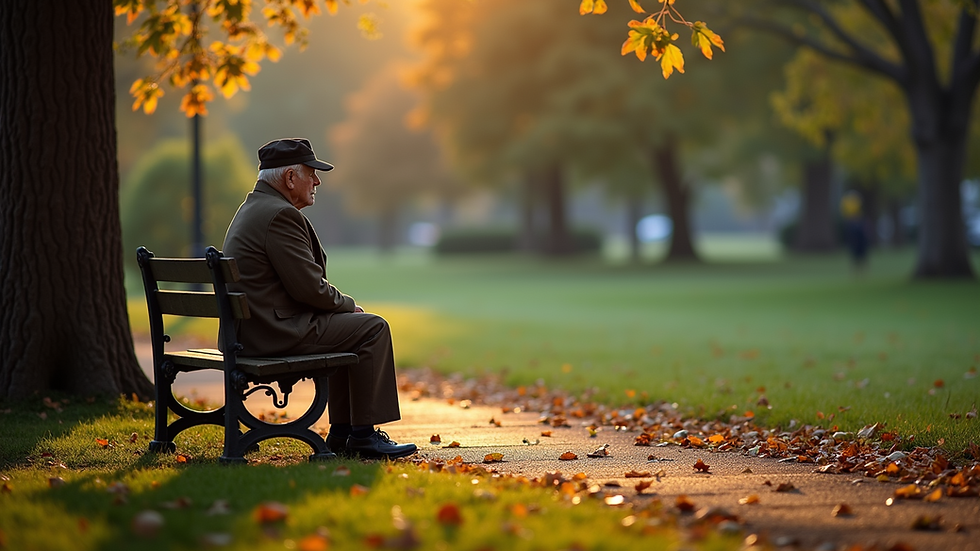 Eye-level view of a veteran sitting on a bench in a park, looking contemplative