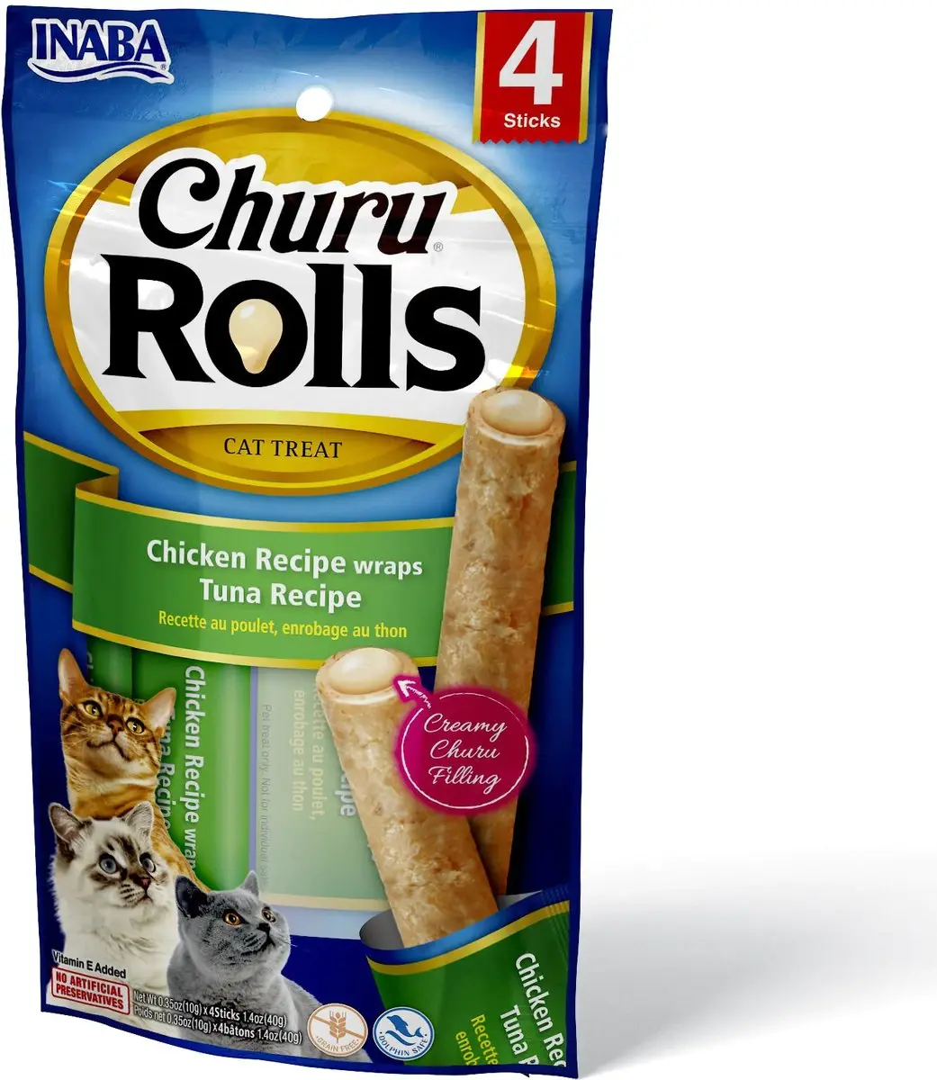 Inaba Cat Churu Rolls Chicken Recipe Wraps Tuna Recipe Cat Treats, 1.4 Oz