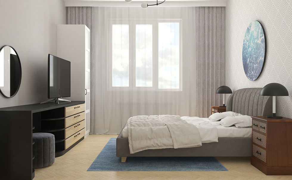 a bedroom with a large bed and a flat screen tv