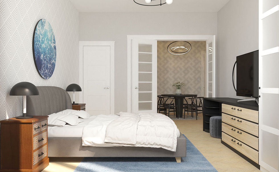 a bedroom with a bed and a table and chairs