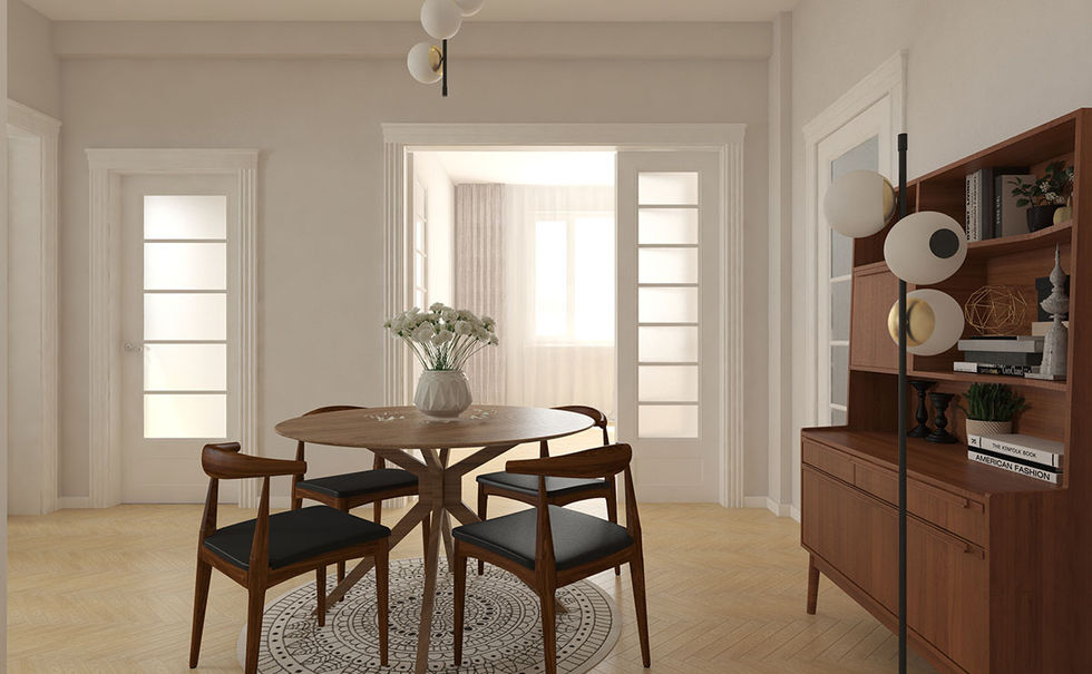 a dining room table with a vase of flowers on it