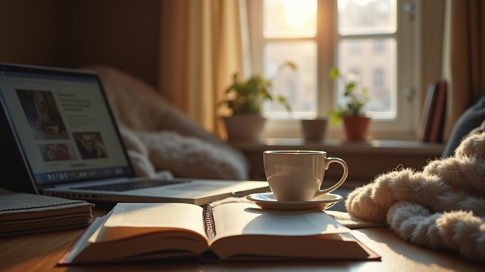 Eye-level view of a cozy reading nook with a laptop and a cup of coffee