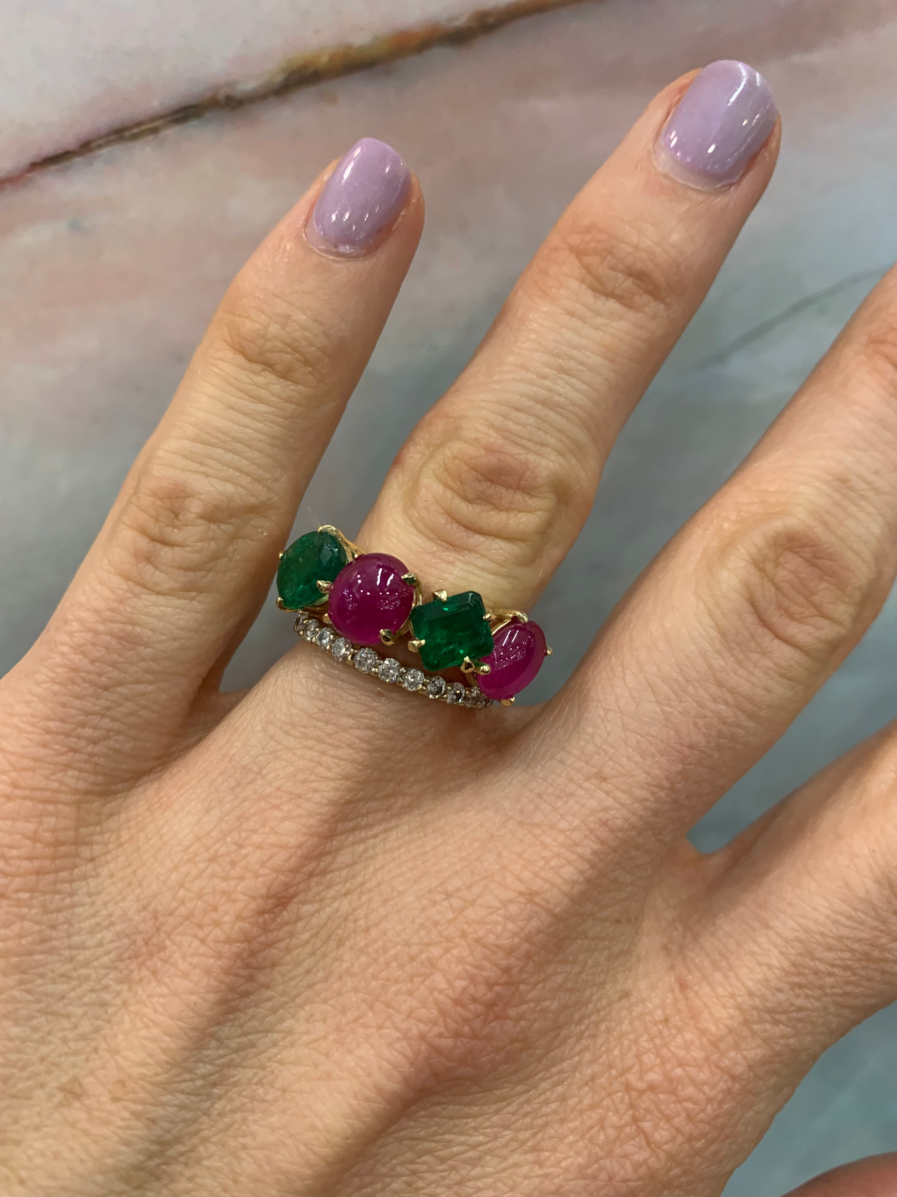 Ruby Cabochon and Emerald Ring