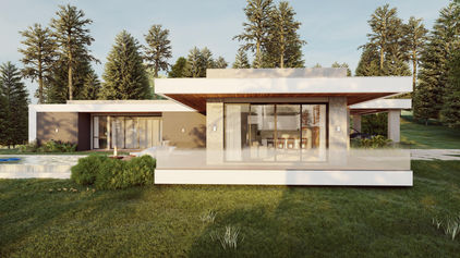 fachada de casa moderna térrea com piscina e gramado