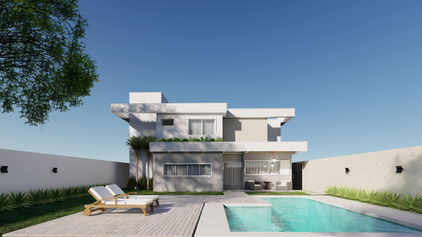 casa moderna com dois pavimentos com platibanda e área de lazer com piscina de concreto