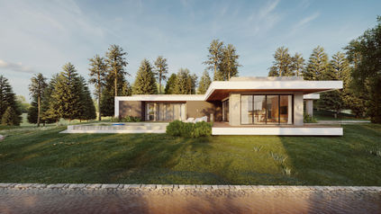 fachada de casa moderna térrea com piscina e gramado