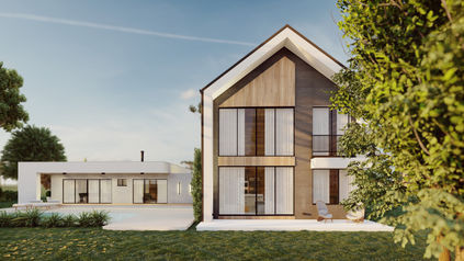 fachada casa galpão com salão de festas e gramado verde