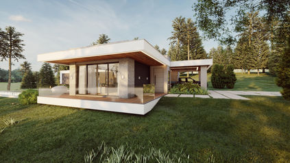 fachada de casa moderna térrea com varanda e gramado