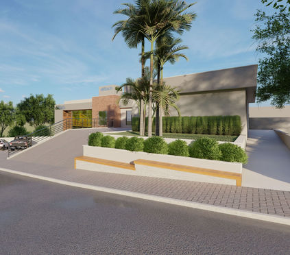 fachada comercial moderna com rampa e canteiro de flores