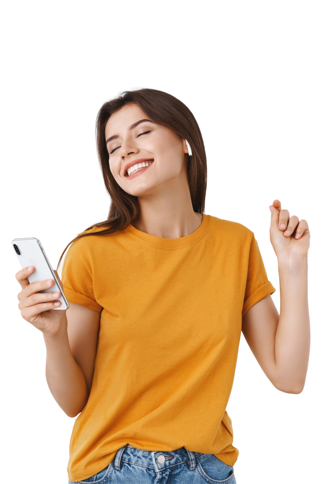 carefree-tender-modern-stylish-woman-yellow-t-shirt-enjoying-awesome-beat-new-wireless-ear