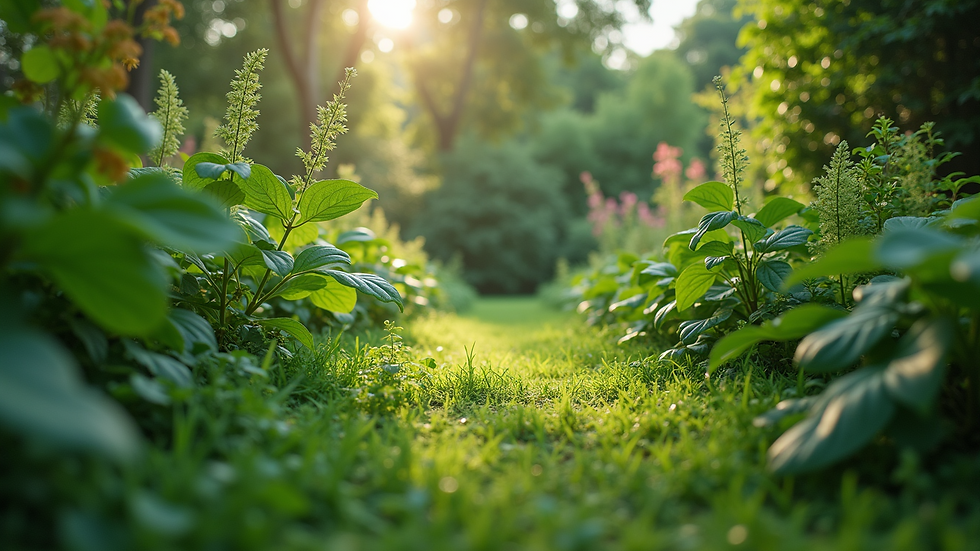Eye-level view of a lush green garden with diverse plants
