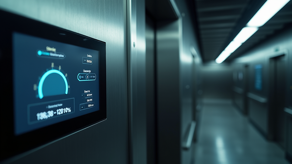Eye-level view of an elevator control panel displaying real-time monitoring data