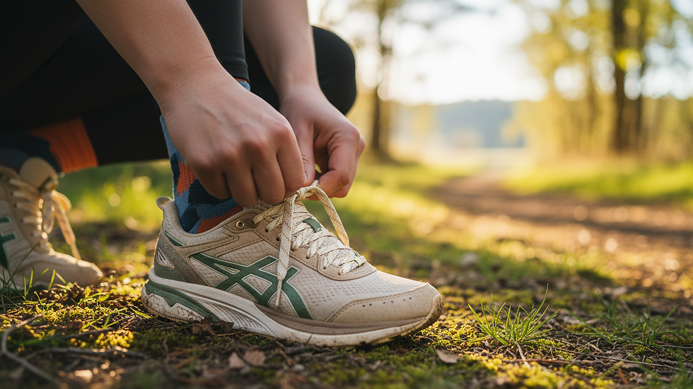 Close-up view of a person tying running shoes outdoors