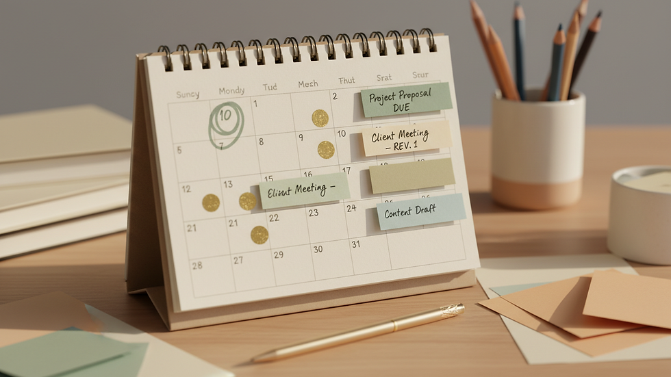 Close-up view of a calendar with marked deadlines and colorful notes