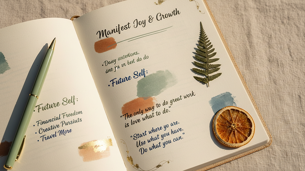 Close-up view of a journal with handwritten goals and motivational quotes