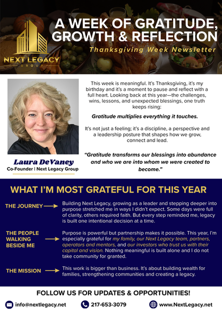 Next Legacy Group Thanksgiving newsletter by Laura Devaney