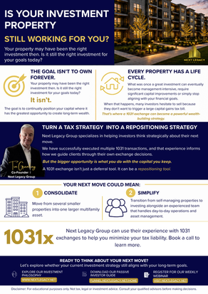 Next Legacy Group investor considering a 1031 exchange to reposition investment property capital