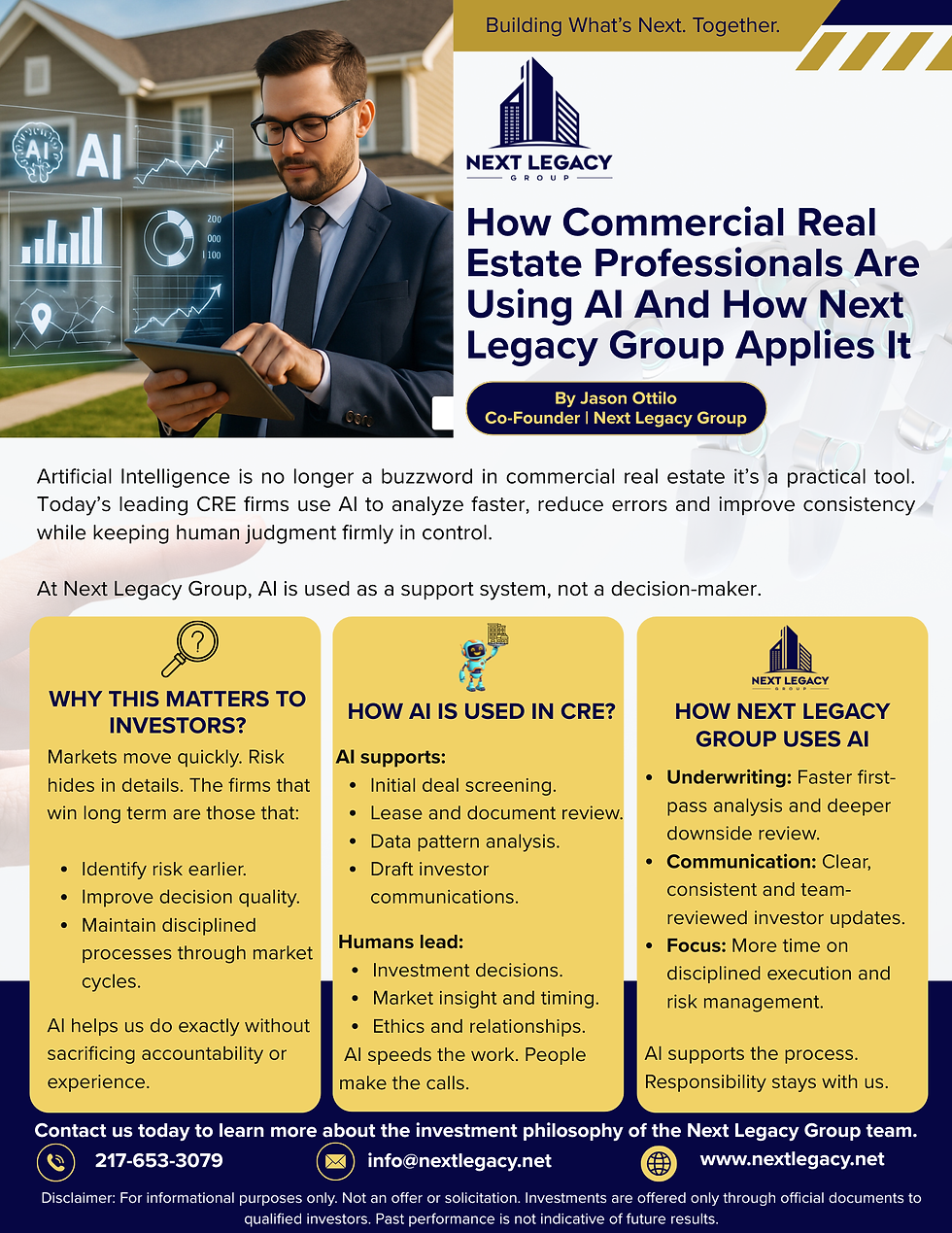 Commercial real estate professional using AI for underwriting and investment analysis at Next Legacy Group