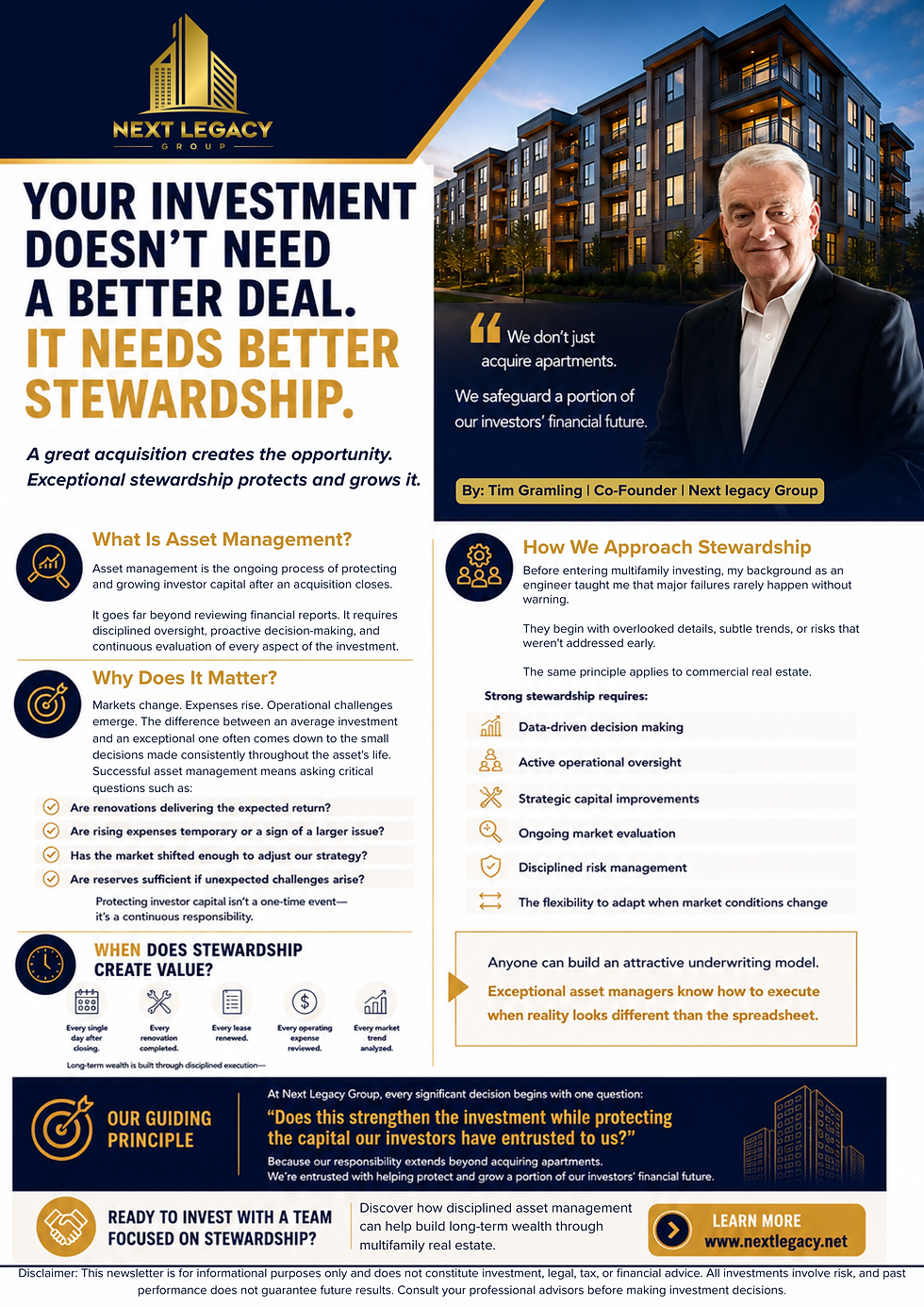 Tim Gramling discussing why disciplined asset management and stewardship are essential to protecting investor capital and achieving long-term multifamily investment success.