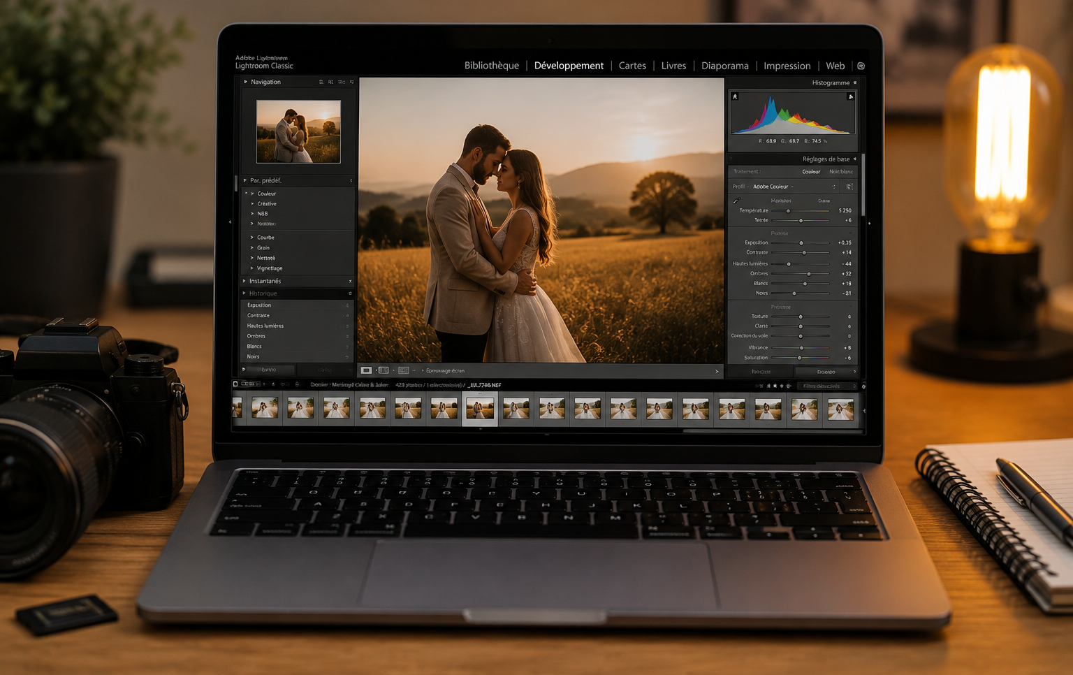 Photographe en train de retoucher les photos d'une séance sur son ordinateur avant la livraison de la galerie privée.