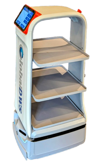 robot with 3 open trays, tablet on upper left