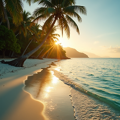 atmospheric shot pristine beach shoreline turquoise waters palm trees golden sunrise light