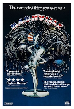 A metallic microphone figure with an American flag hat in front of fireworks. "Nashville" text above, surrounded by positive reviews.