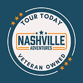 Circular Nashville Adventures badge on teal background with orange stars and text Tour Today and Veteran Owned.