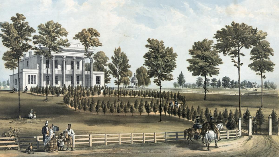 Large white mansion with columns in a lush garden, surrounded by trees. People on horses and walking near a fence. Clear blue sky.