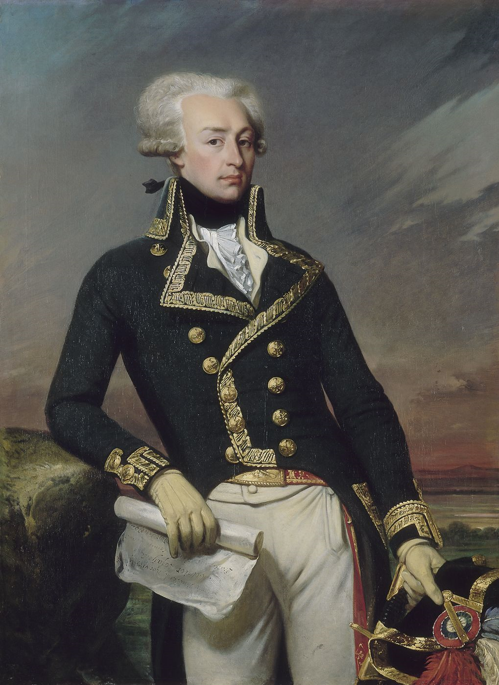 Portrait of a man in ornate military uniform holding a scroll. Background features a landscape with a dramatic sky, conveying nobility.