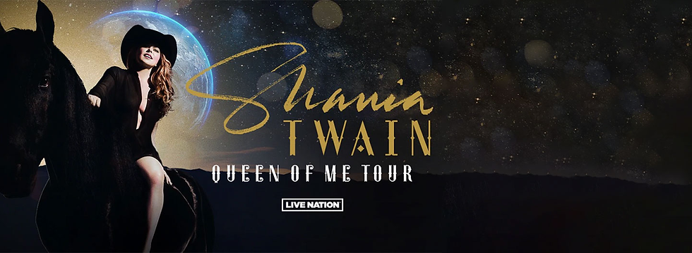 Woman in black hat on horse, with celestial background. Text: Shania Twain, Queen of Me Tour, Live Nation. Mood: Majestic and dreamy.