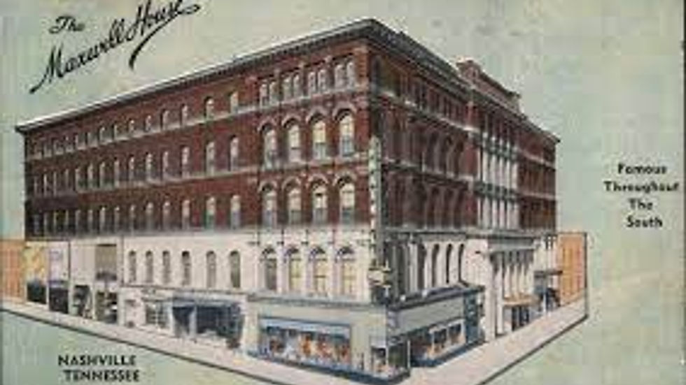 Historic red-brick Maxwell House with arched windows. "The Maxwell House" text on top left, "Famous Throughout The South" on right. Nashville, Tennessee.