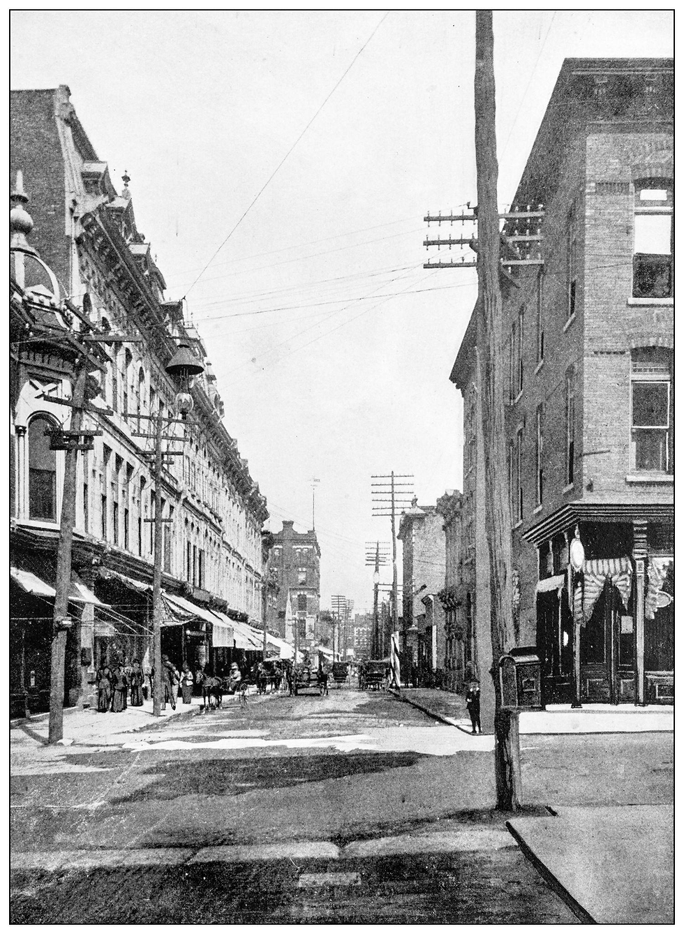 Historic street scene with horse-drawn carriages, pedestrians, and ornate buildings. A calm, bustling atmosphere with visible telegraph poles.