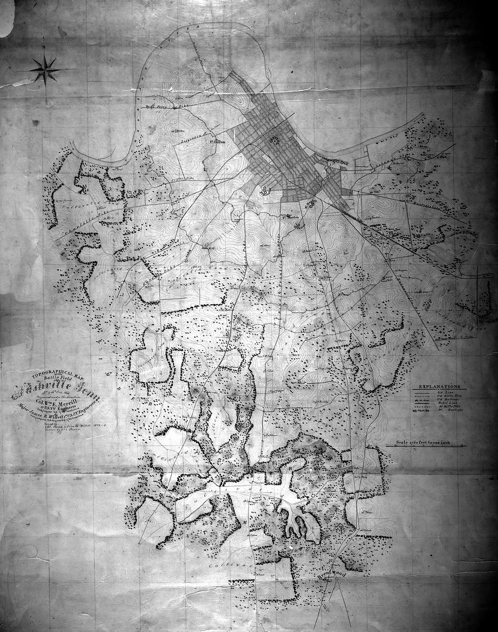 Grayscale topographic battle map with contour lines, roads, labels, and a compass rose on worn paper background