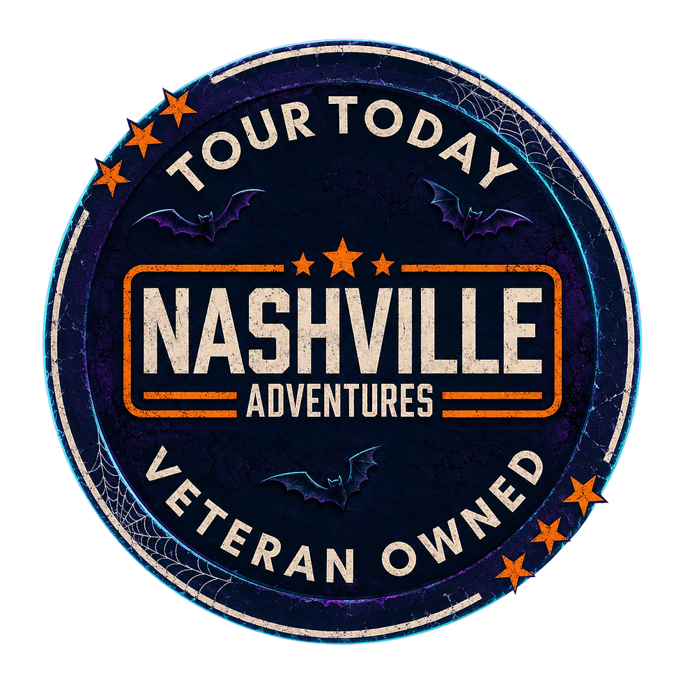 Halloween-style Nashville Adventures logo with bats, stars, spiderwebs, and text Tour Today, Veteran Owned