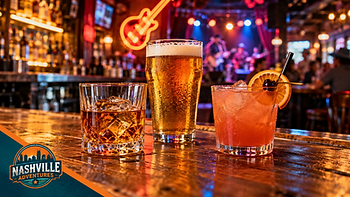 Three cocktails on a bar in a lively neon-lit music venue, with Nashville Adventures logo and blurred band performing in back